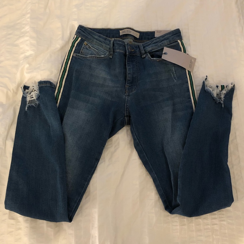NWT ZARA RIBBON STRIPE STRETCHY MID RISE JEANS
